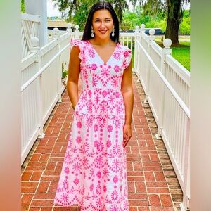 Lilly Pulitzer NWT Lillyanne Midi Dress Coral Neon Eyelet $298 Size 0,4